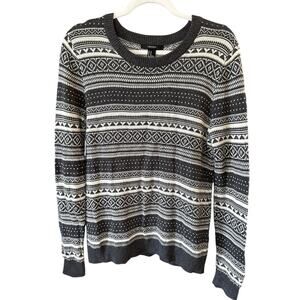 Womens Fair Isle Nordic Knit Sweater Size Medium Geometric Aztec Print Gray Prep